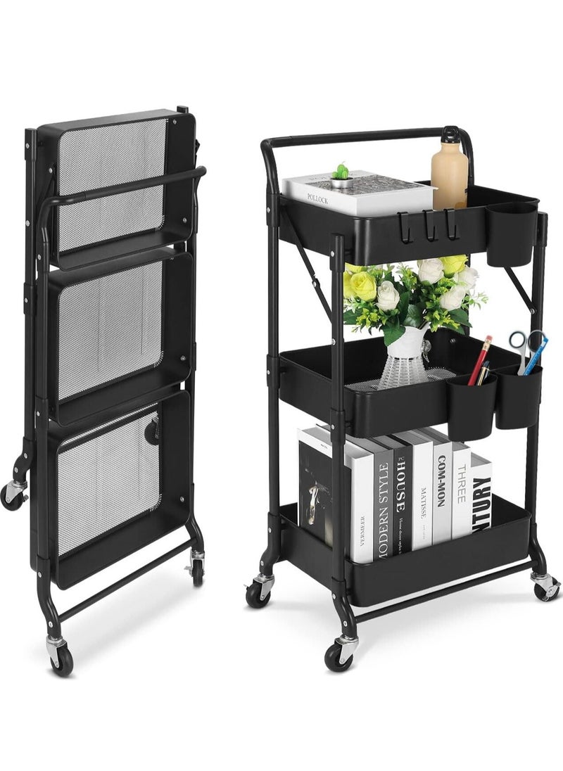 3-Tier Rolling Utility Cart, Folding Mobile Multi-Function Storage Trolley Organizer Cart for Home Library Office(Black)