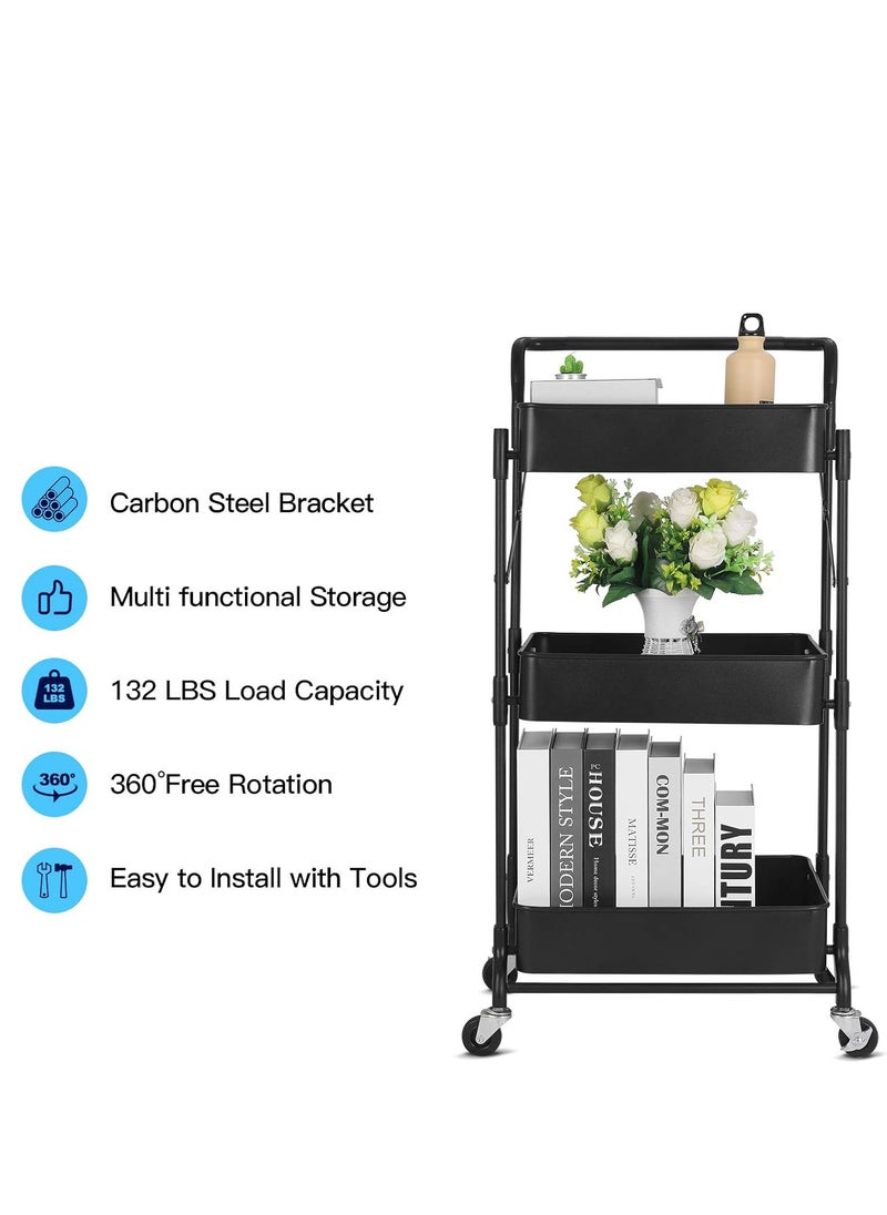 3-Tier Rolling Utility Cart, Folding Mobile Multi-Function Storage Trolley Organizer Cart for Home Library Office(Black)