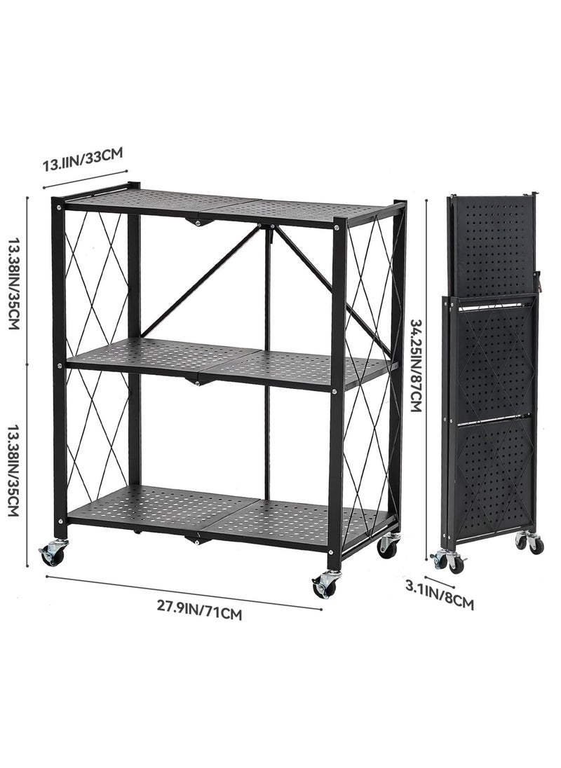 Iron Kitchen Storage Rack 3 Shelves， Foldable Storage Shelves With Wheels, Large Capacity Shelving Unit, Freestanding Metal Wire Shelf Rack, No Assembly Organizer Rack For Garage Kitchen, Basement, Pantry(Black)