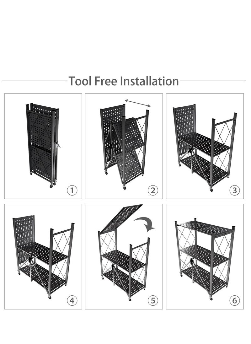 Iron Kitchen Storage Rack 3 Shelves， Foldable Storage Shelves With Wheels, Large Capacity Shelving Unit, Freestanding Metal Wire Shelf Rack, No Assembly Organizer Rack For Garage Kitchen, Basement, Pantry(Black)