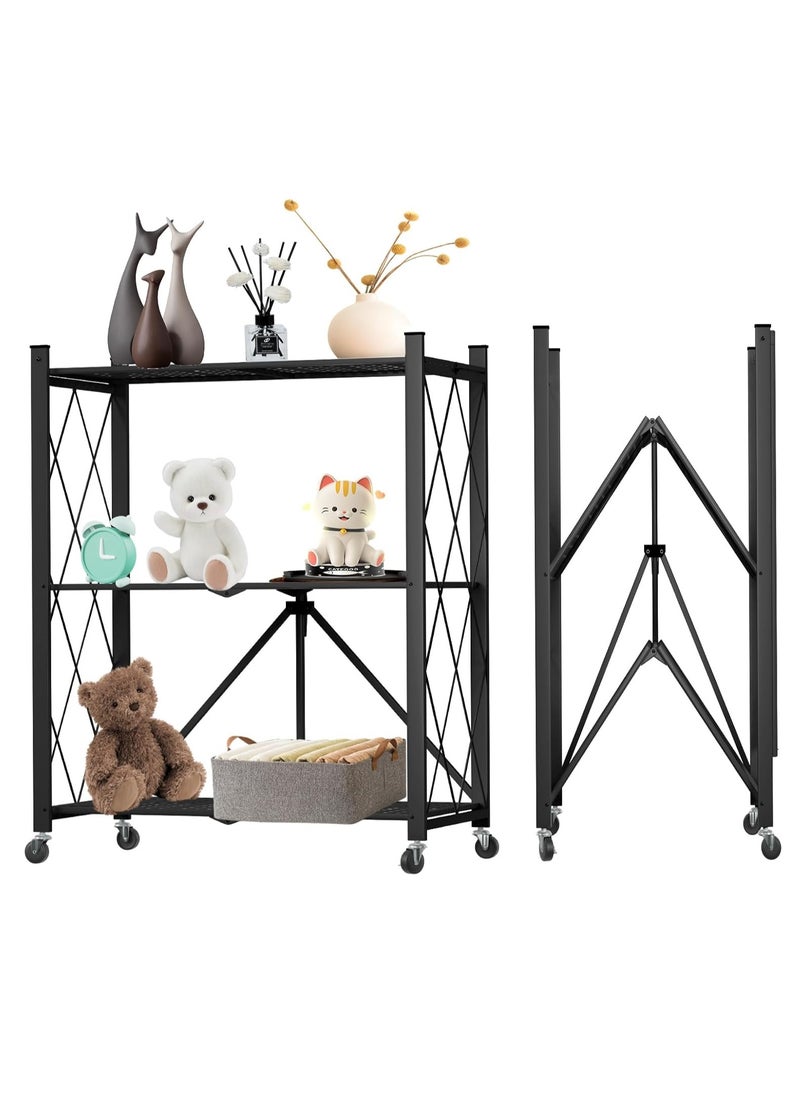 Iron Kitchen Storage Rack 3 Shelves， Foldable Storage Shelves With Wheels, Large Capacity Shelving Unit, Freestanding Metal Wire Shelf Rack, No Assembly Organizer Rack For Garage Kitchen, Basement, Pantry(Black)