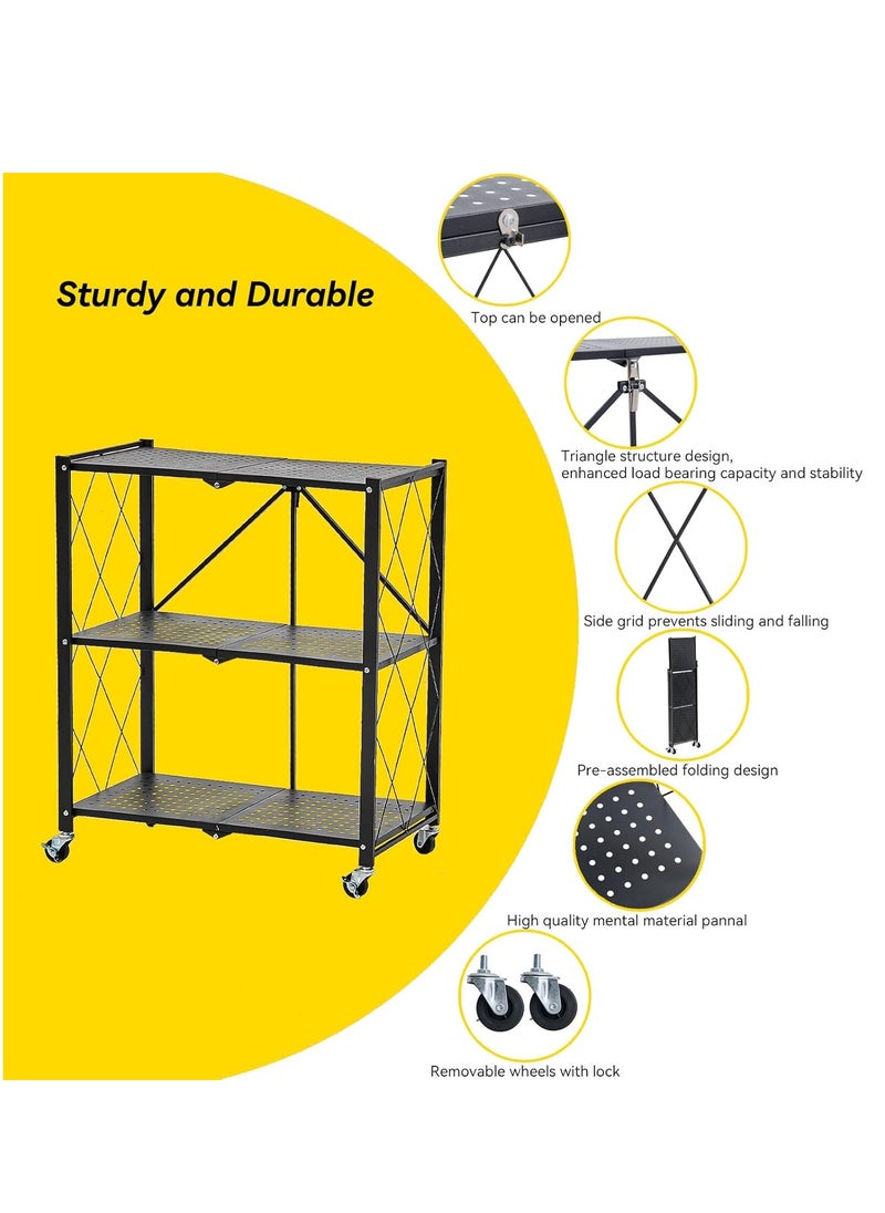 Iron Kitchen Storage Rack 3 Shelves， Foldable Storage Shelves With Wheels, Large Capacity Shelving Unit, Freestanding Metal Wire Shelf Rack, No Assembly Organizer Rack For Garage Kitchen, Basement, Pantry(Black)