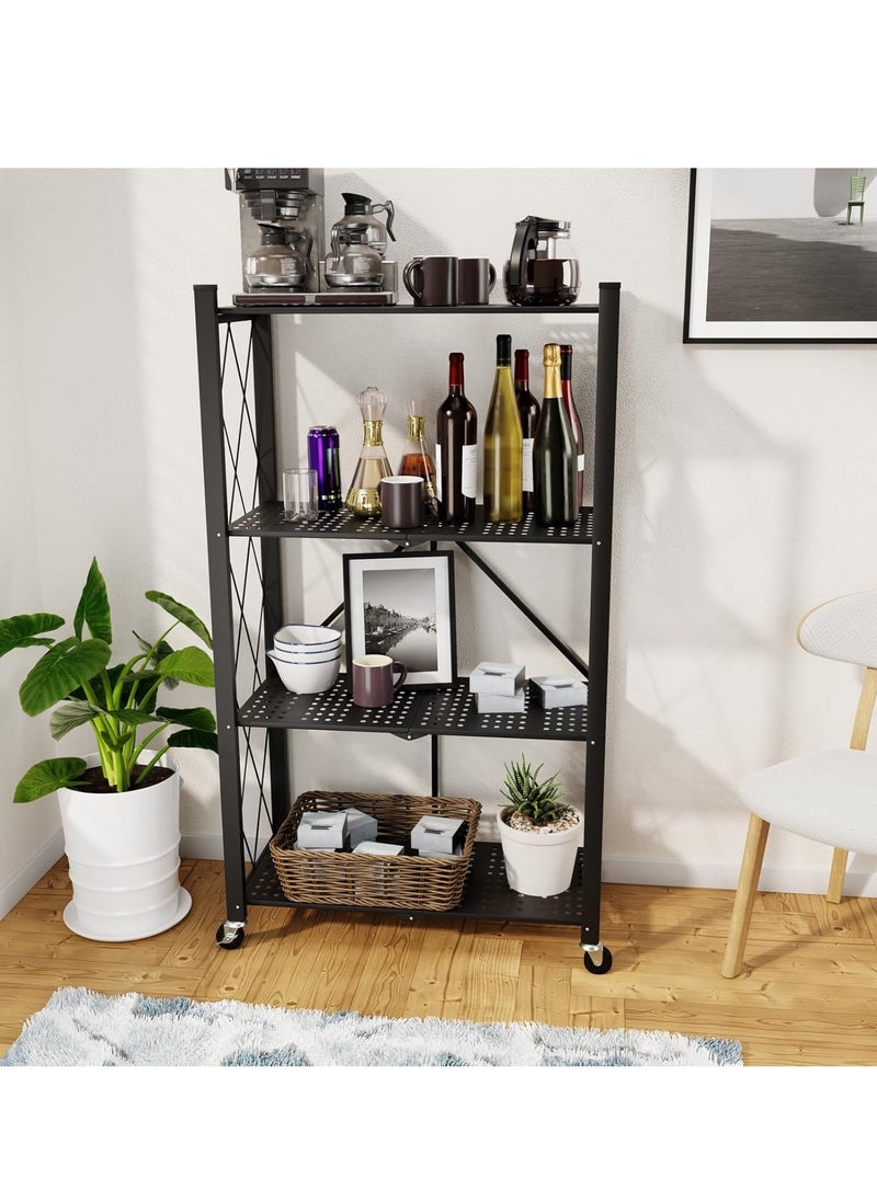 Iron Kitchen Storage Rack 4 Shelves， Foldable Storage Shelves With Wheels, Large Capacity Shelving Unit, Freestanding Metal Wire Shelf Rack, No Assembly Organizer Rack For Garage Kitchen, Basement, Pantry(Black)