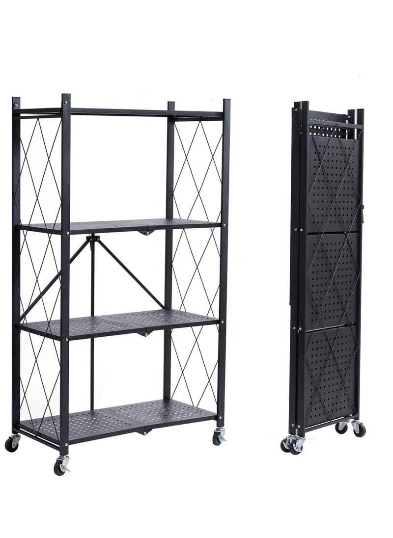 Iron Kitchen Storage Rack 4 Shelves， Foldable Storage Shelves With Wheels, Large Capacity Shelving Unit, Freestanding Metal Wire Shelf Rack, No Assembly Organizer Rack For Garage Kitchen, Basement, Pantry(Black)