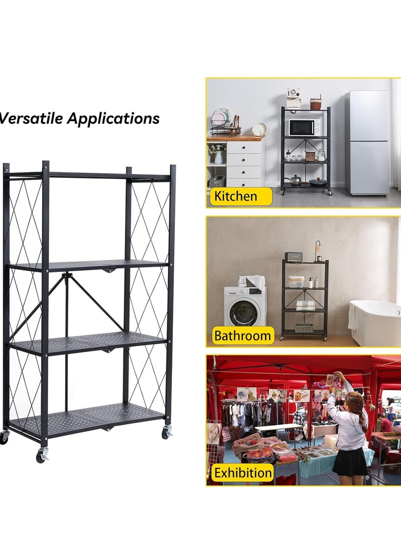 Iron Kitchen Storage Rack 4 Shelves， Foldable Storage Shelves With Wheels, Large Capacity Shelving Unit, Freestanding Metal Wire Shelf Rack, No Assembly Organizer Rack For Garage Kitchen, Basement, Pantry(Black)