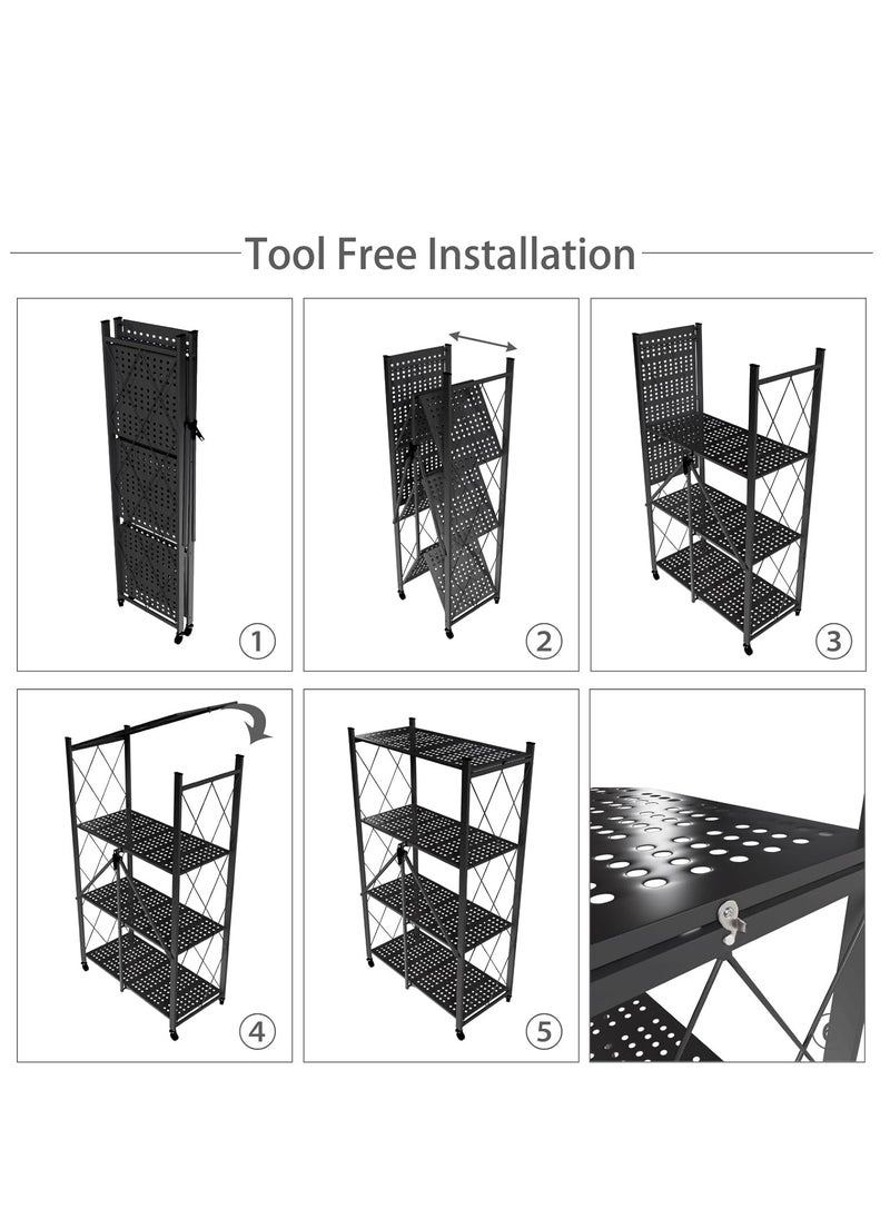 Iron Kitchen Storage Rack 4 Shelves， Foldable Storage Shelves With Wheels, Large Capacity Shelving Unit, Freestanding Metal Wire Shelf Rack, No Assembly Organizer Rack For Garage Kitchen, Basement, Pantry(Black)