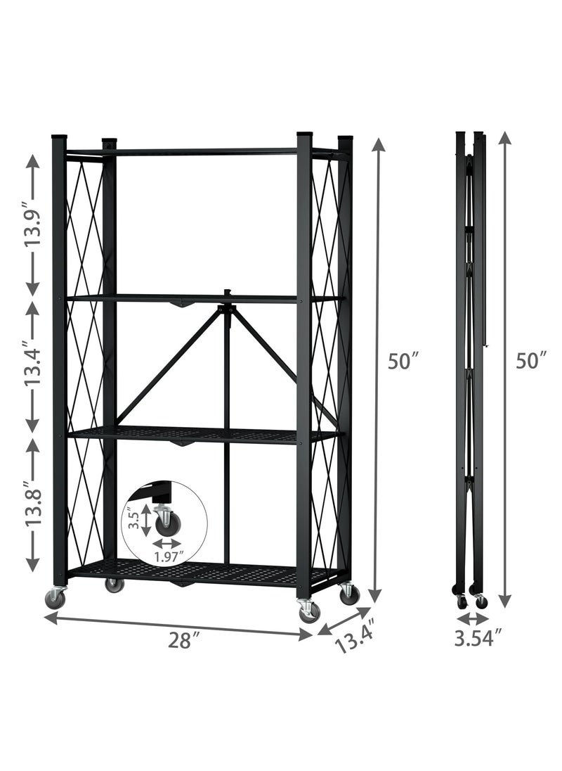 Iron Kitchen Storage Rack 4 Shelves， Foldable Storage Shelves With Wheels, Large Capacity Shelving Unit, Freestanding Metal Wire Shelf Rack, No Assembly Organizer Rack For Garage Kitchen, Basement, Pantry(Black)