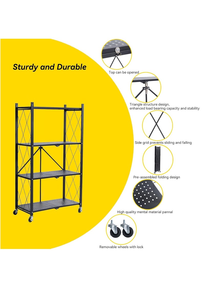 Iron Kitchen Storage Rack 4 Shelves， Foldable Storage Shelves With Wheels, Large Capacity Shelving Unit, Freestanding Metal Wire Shelf Rack, No Assembly Organizer Rack For Garage Kitchen, Basement, Pantry(Black)