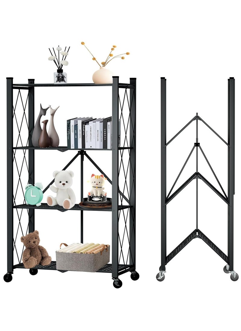 Iron Kitchen Storage Rack 4 Shelves， Foldable Storage Shelves With Wheels, Large Capacity Shelving Unit, Freestanding Metal Wire Shelf Rack, No Assembly Organizer Rack For Garage Kitchen, Basement, Pantry(Black)