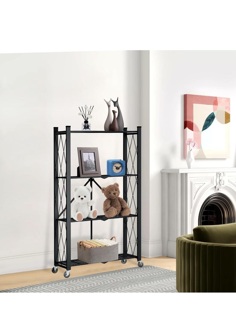 Iron Kitchen Storage Rack 4 Shelves， Foldable Storage Shelves With Wheels, Large Capacity Shelving Unit, Freestanding Metal Wire Shelf Rack, No Assembly Organizer Rack For Garage Kitchen, Basement, Pantry(Black)