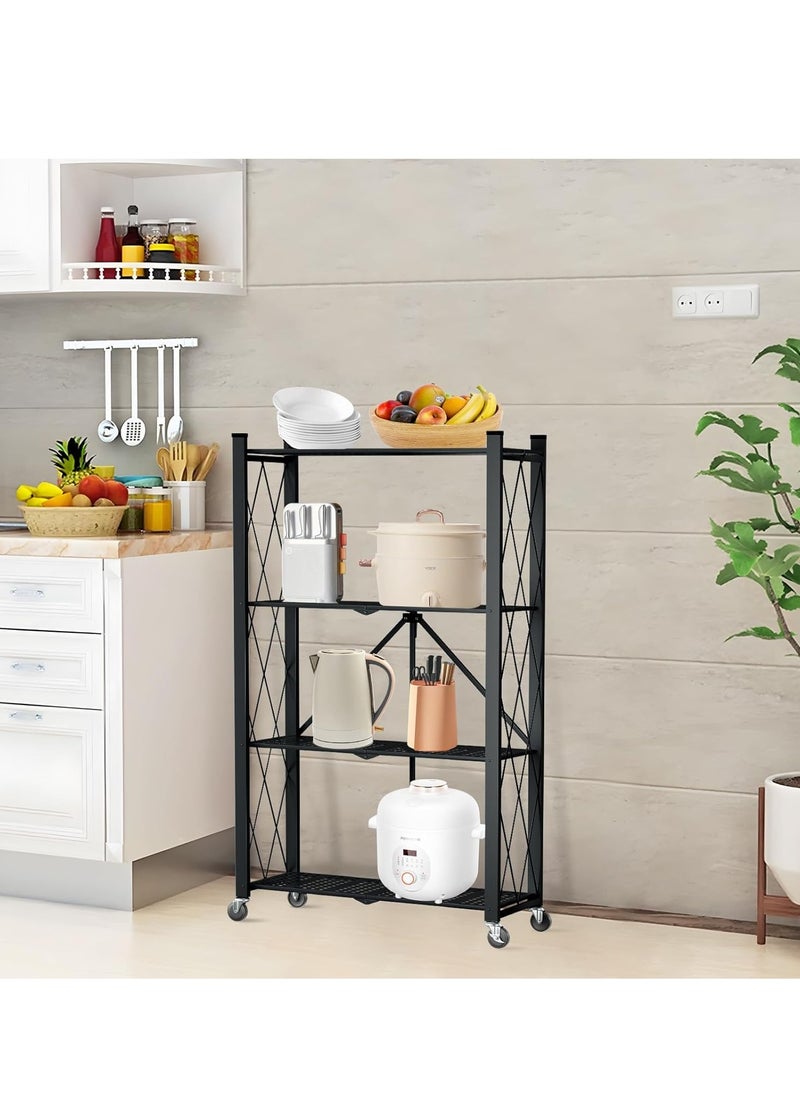 Iron Kitchen Storage Rack 4 Shelves， Foldable Storage Shelves With Wheels, Large Capacity Shelving Unit, Freestanding Metal Wire Shelf Rack, No Assembly Organizer Rack For Garage Kitchen, Basement, Pantry(Black)