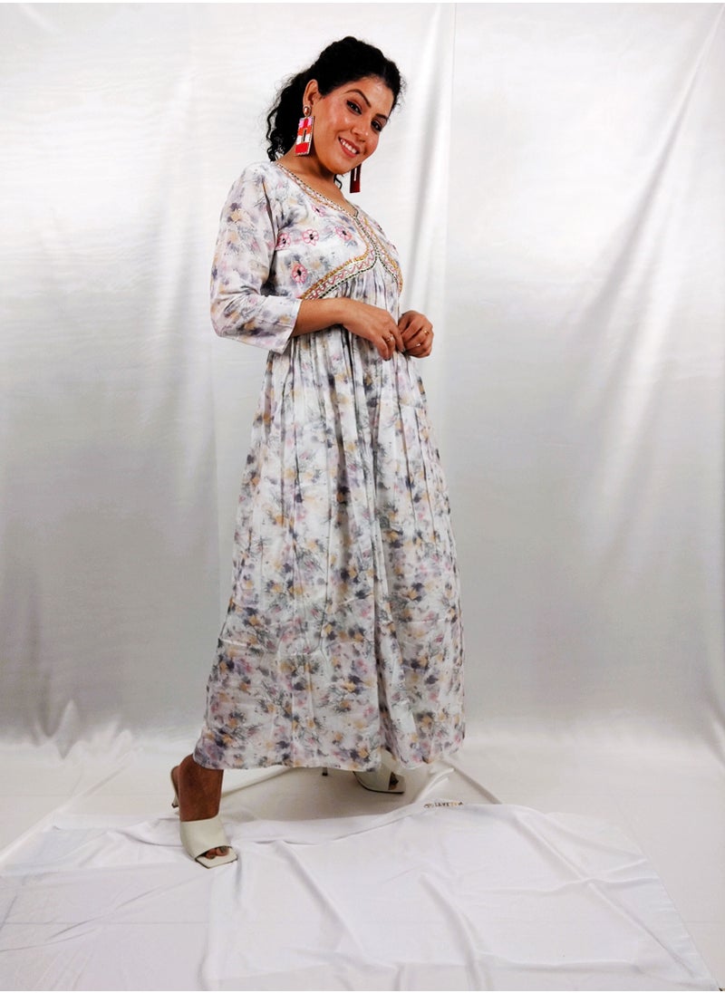 PRIYA'S PANACHE Cotton Flared Printed White Kurta -Designer Festival Traditional Ethnic Indian Partywear For Women