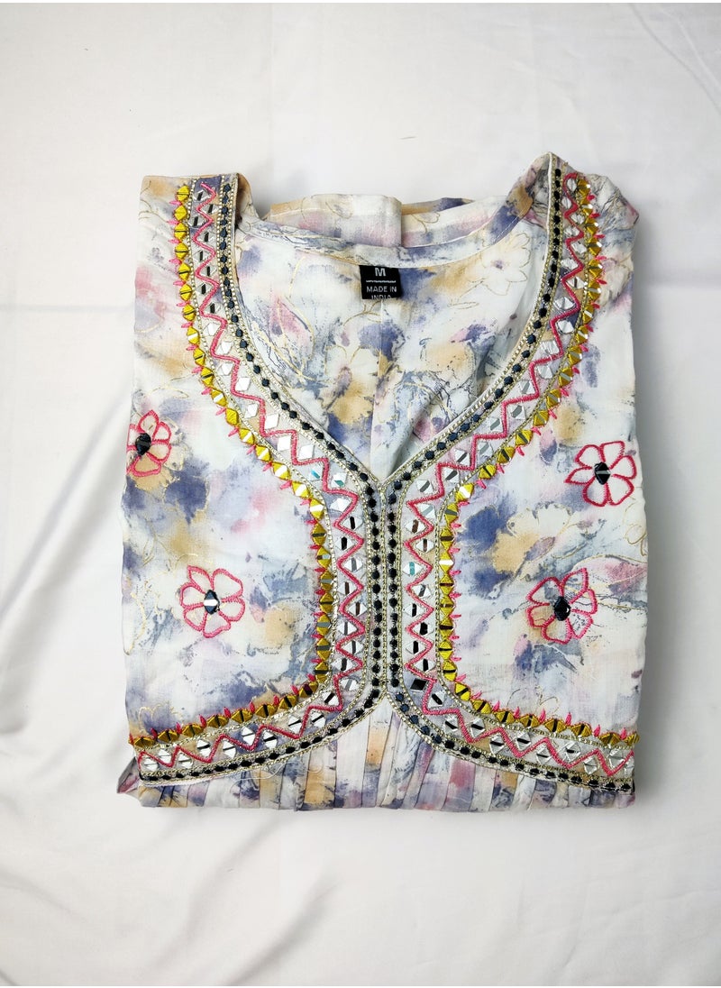 PRIYA'S PANACHE Cotton Flared Printed White Kurta -Designer Festival Traditional Ethnic Indian Partywear For Women