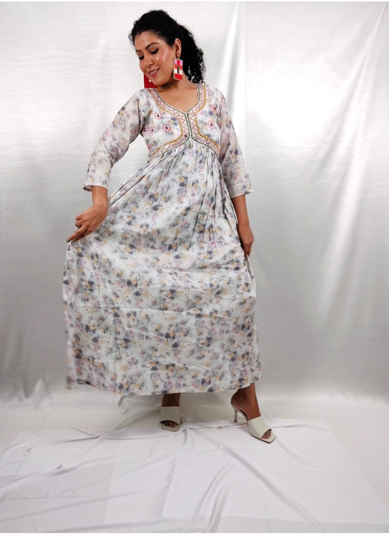 PRIYA'S PANACHE Cotton Flared Printed White Kurta -Designer Festival Traditional Ethnic Indian Partywear For Women
