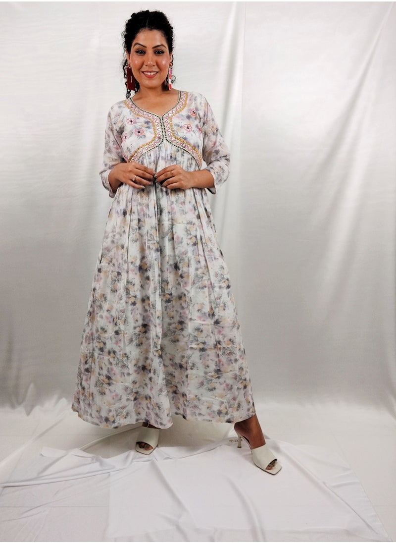 PRIYA'S PANACHE Cotton Flared Printed White Kurta -Designer Festival Traditional Ethnic Indian Partywear For Women