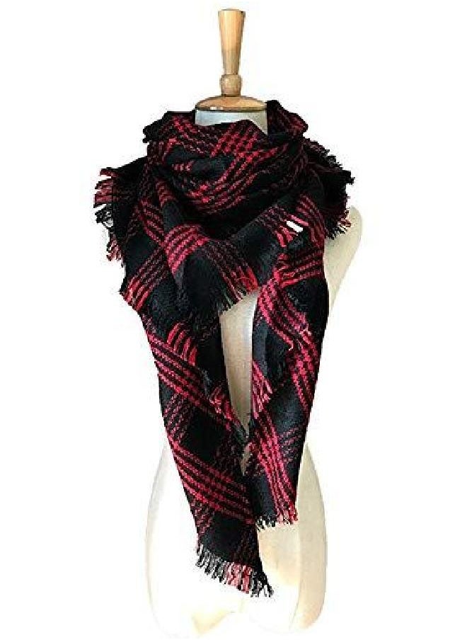 Wander Agio Womens Warm Scarf Triangle Shawls Large Scarves Stripe Plaid Fichu Red Black 17