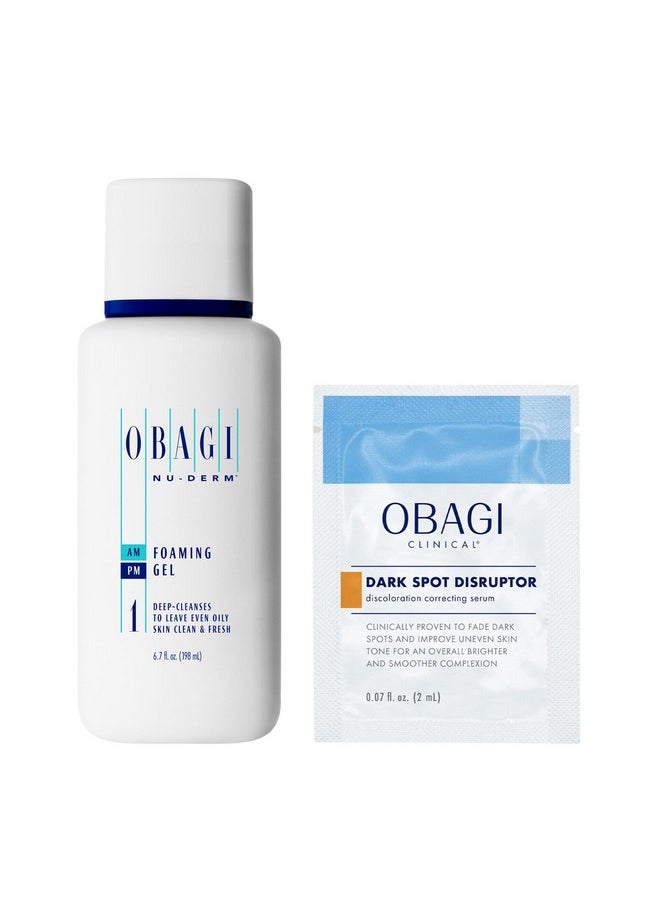 Obagi Nu-Derm Foaming Gel + Dark Spot Disruptor Trial Size - Cleanser Designed To Cleanse Pores & Remove Makeup, Dirt, & Excess Oil, 6.7 Oz & Serum That Brightens, Smooths & Soothes Skin, 2 Ml