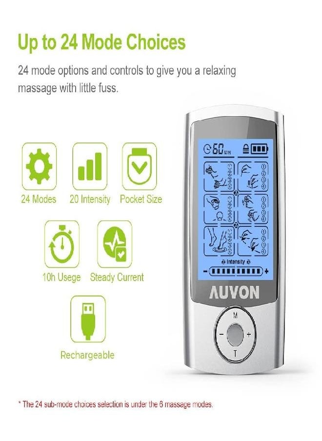 AUVON Rechargeable TENS Unit Muscle Stimulator, 24 Modes 4th Gen TENS Machine with 8pcs 2