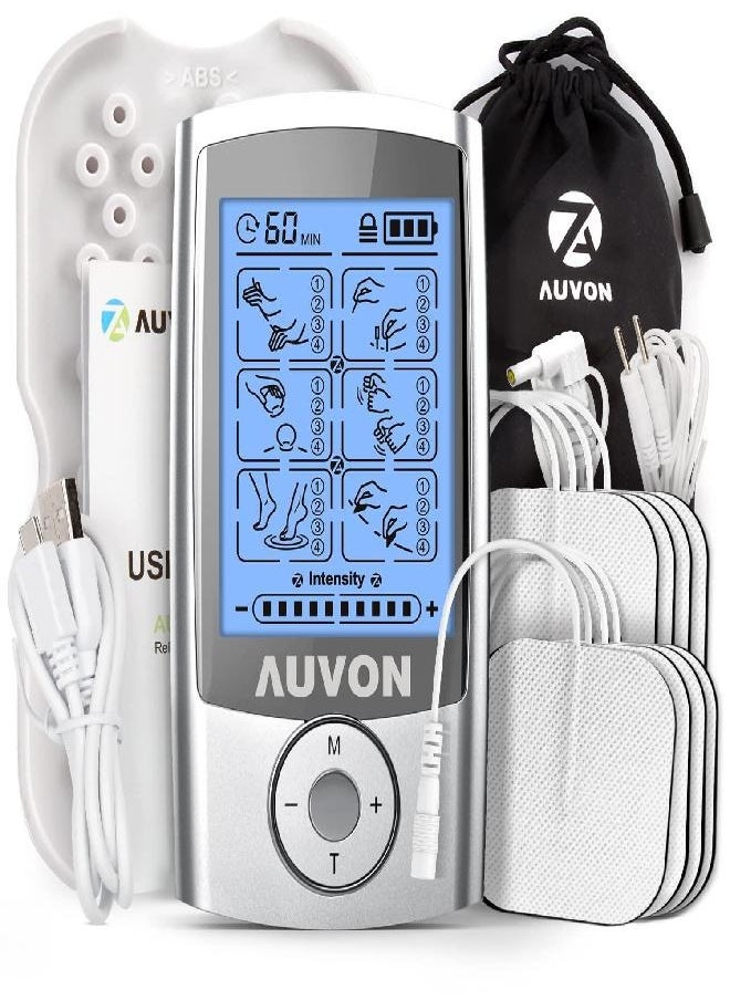 AUVON Rechargeable TENS Unit Muscle Stimulator, 24 Modes 4th Gen TENS Machine with 8pcs 2