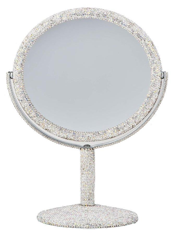 TISHAA Bling Makeup Vanity Mirror - Luxury Stand 2X Magnification Double Sided Glass Cosmetic Crystal Rhinestone Diamond Glitter Portable Desk Bathroom Bedroom Tabletop