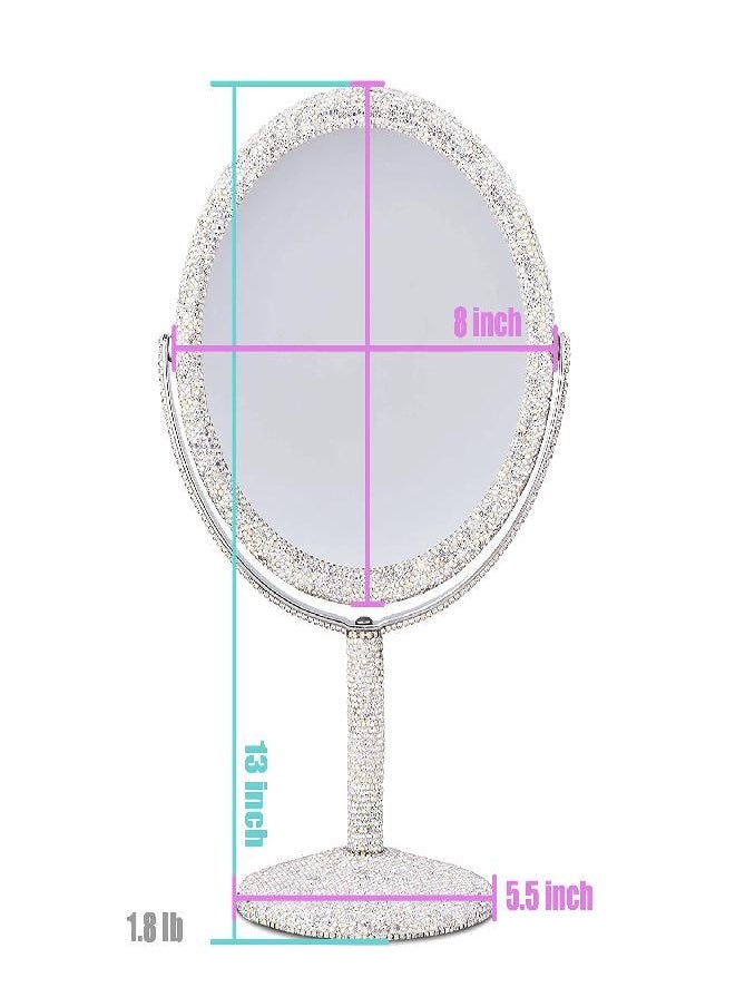 TISHAA Bling Makeup Vanity Mirror - Luxury Stand 2X Magnification Double Sided Glass Cosmetic Crystal Rhinestone Diamond Glitter Portable Desk Bathroom Bedroom Tabletop