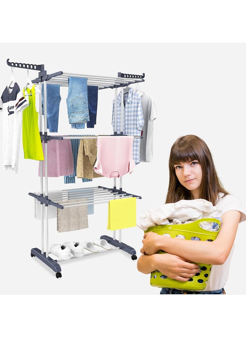 4-Tier Foldable Clothes Drying Rack, clothes horses rack stainless steel laundry garment dryer stand with two side wings (Grey)