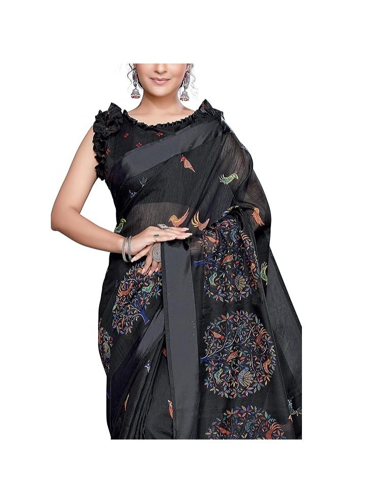 Women's Cotton Blend Saree With Unstiched Blouse Piece