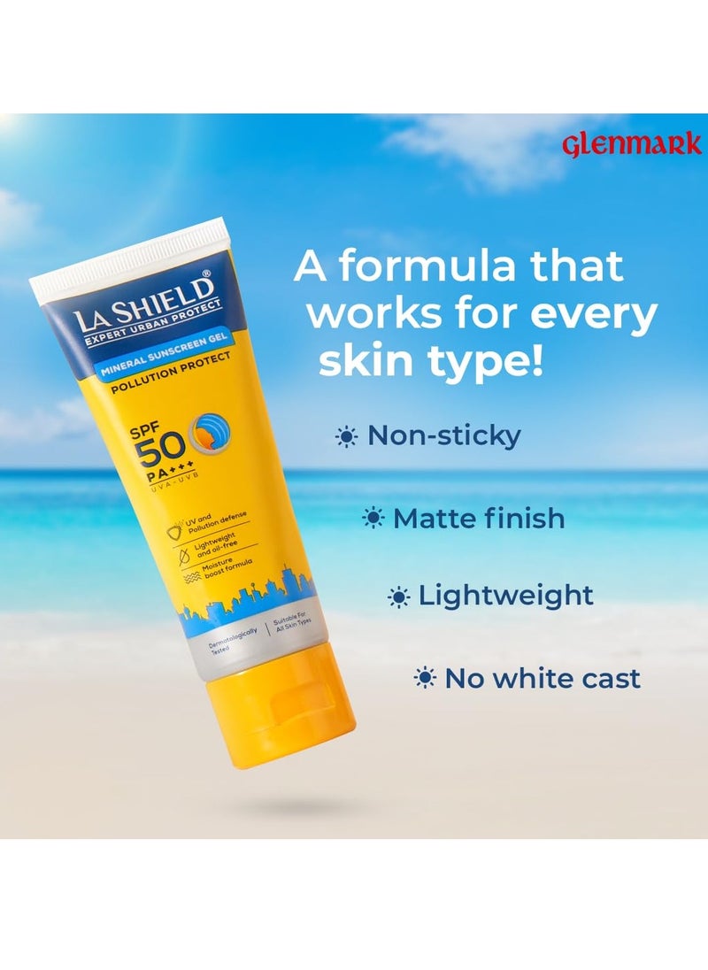 La Shield Pollution Protect SPF 50 Mineral Sunscreen Gel | PA+++ | Lightweight & Oil free | Moisture boost formula | Water resistant| All Skin types |Dermatologist Tested | 50g