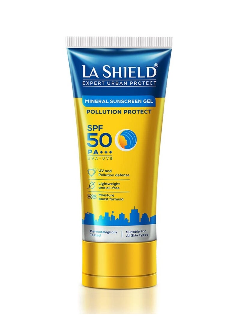 La Shield Pollution Protect SPF 50 Mineral Sunscreen Gel | PA+++ | Lightweight & Oil free | Moisture boost formula | Water resistant| All Skin types |Dermatologist Tested | 50g