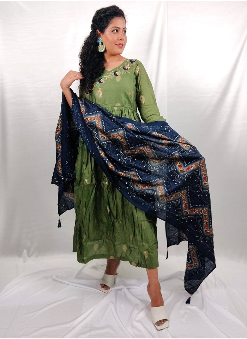 PRIYA'S PANACHE Stunning Muslin Green Flared Kurta With Printed Dupatta - Designer Festival Traditional Ethnic Indian Partywear For Women