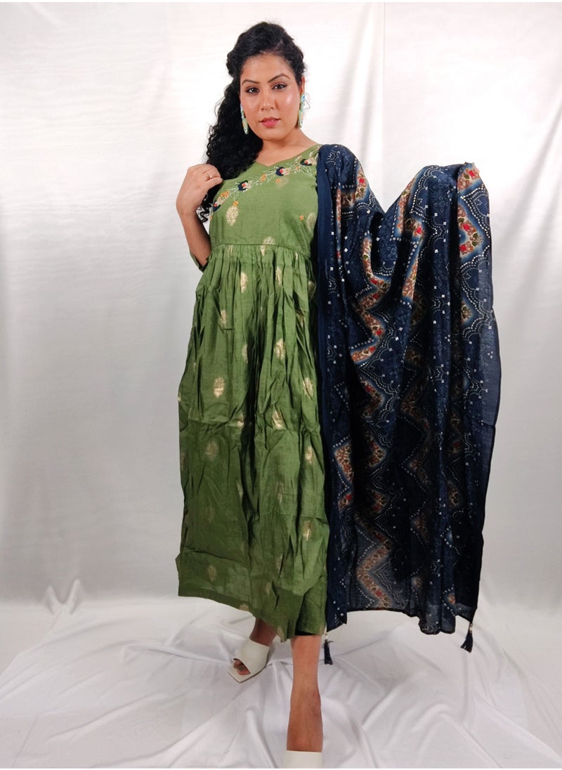 PRIYA'S PANACHE Stunning Muslin Green Flared Kurta With Printed Dupatta - Designer Festival Traditional Ethnic Indian Partywear For Women