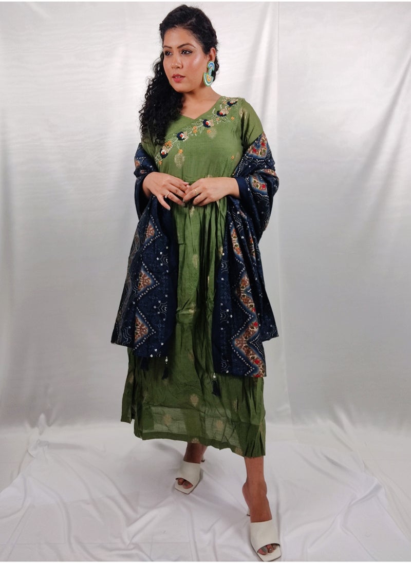 PRIYA'S PANACHE Stunning Muslin Green Flared Kurta With Printed Dupatta - Designer Festival Traditional Ethnic Indian Partywear For Women