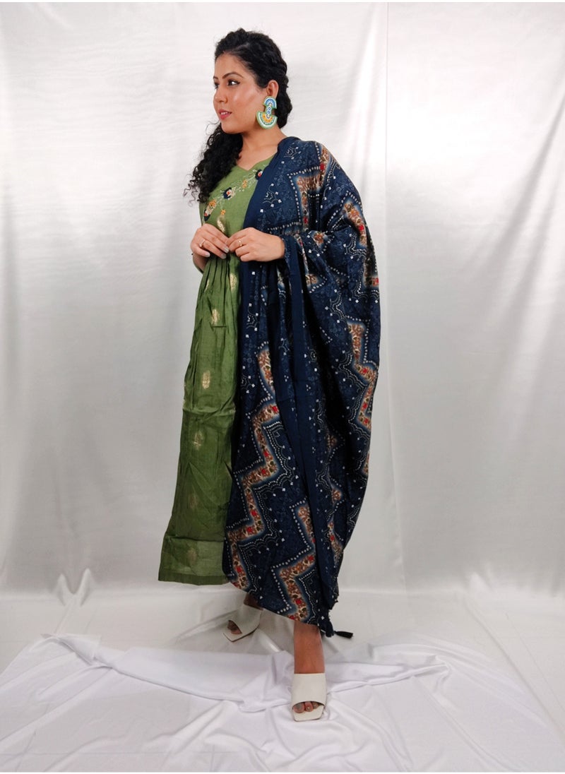 PRIYA'S PANACHE Stunning Muslin Green Flared Kurta With Printed Dupatta - Designer Festival Traditional Ethnic Indian Partywear For Women