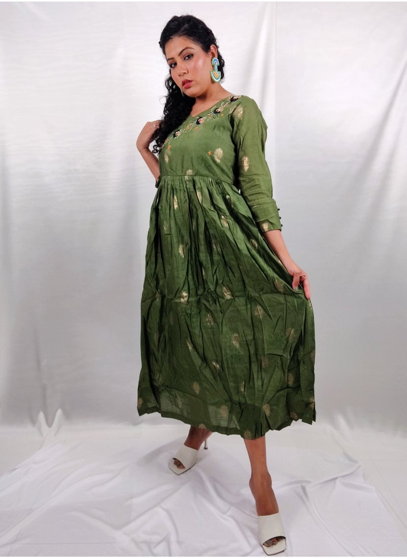 PRIYA'S PANACHE Stunning Muslin Green Flared Kurta With Printed Dupatta - Designer Festival Traditional Ethnic Indian Partywear For Women