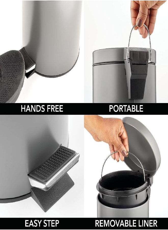 mDesign 3 Liter Round Small Metal Step Trash Can Wastebasket, Garbage Container Bin - for Bathroom, Powder Room, Bedroom, Kitchen, Craft Room, Office - Removable Liner Bucket - Graphite Gray