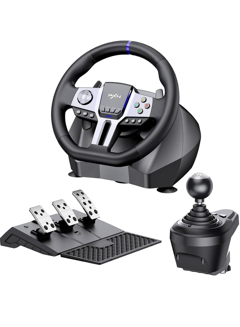 V9 GEN2 270°/900° Racing Steering Wheel Bundle with 3-Pedals & 6+R Gear Shifter, Multi-Platform Compatibility for PC, Xbox Series X/S, PS4, PS3, Switch – Dual Motor Vibration, Magnetic Encoder, Hall Effect Pedals & RGB Lights