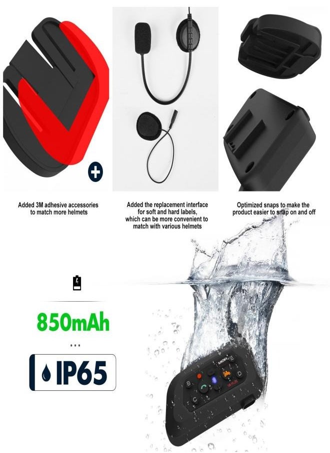 V6 Plus Motorcycle Helmet Bluetooth Headset Intercom 1200M Interphone Communicator Waterproof 6 Riders (2 Pcs)