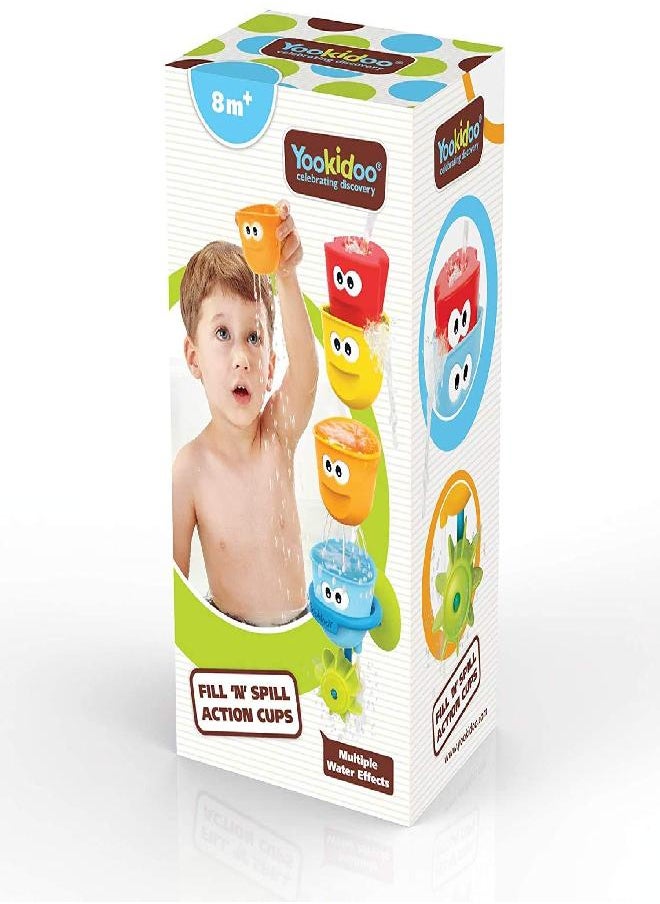 Yookidoo Baby Bath Toys - Fill 'N' Spill Set of Four Stackable Cups with Suction Cup Ring Holder and Water Wheel- Sensory Toy for Bath Time - Attaches to Any Bath Tub