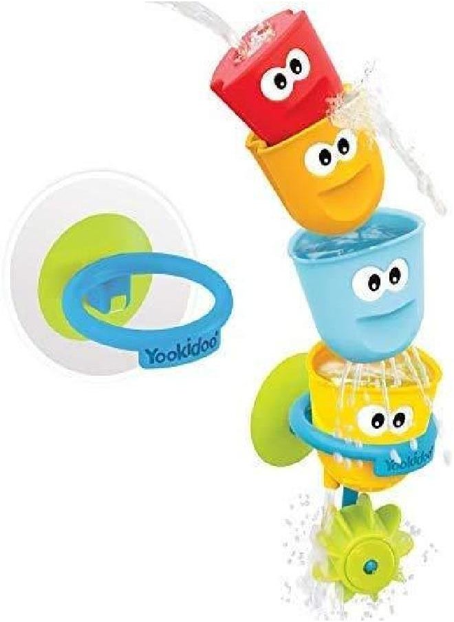 Yookidoo Baby Bath Toys - Fill 'N' Spill Set of Four Stackable Cups with Suction Cup Ring Holder and Water Wheel- Sensory Toy for Bath Time - Attaches to Any Bath Tub