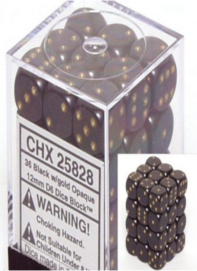 Black with Gold Opaque Dice 12mm D6 Set of 36