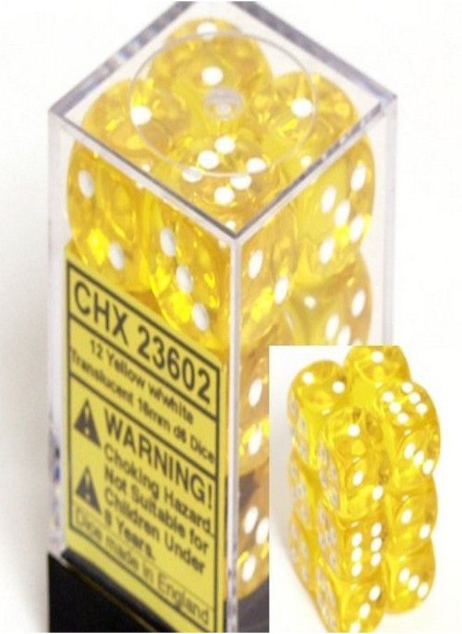 Chessex Dice d6 Sets: Yellow with White Translucent - 16mm Six Sided Die (12) Block of Dice