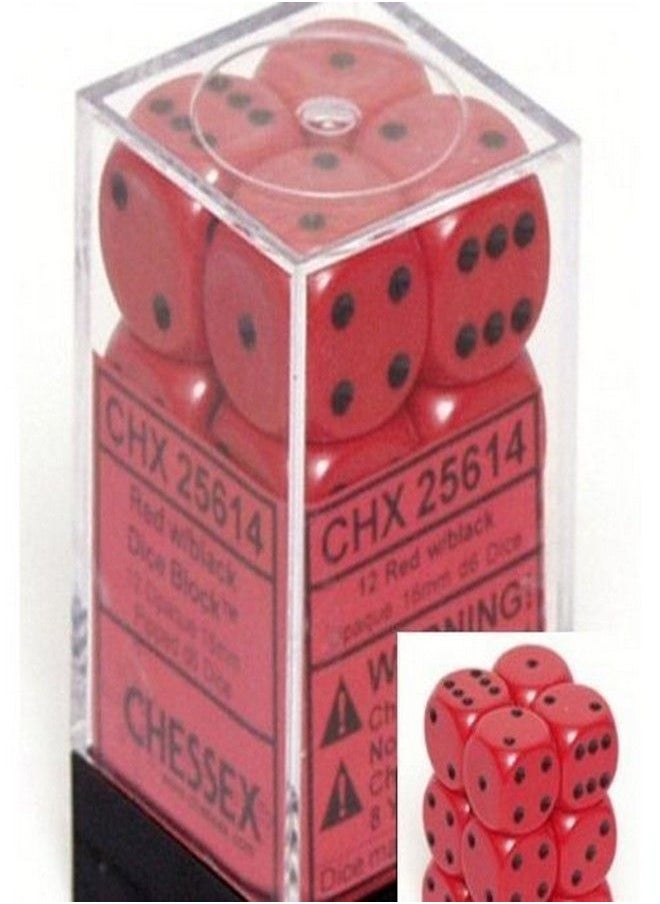 Chessex Dice d6 Sets: Opaque Red with Black - 16mm Six Sided Die (12) Block of Dice