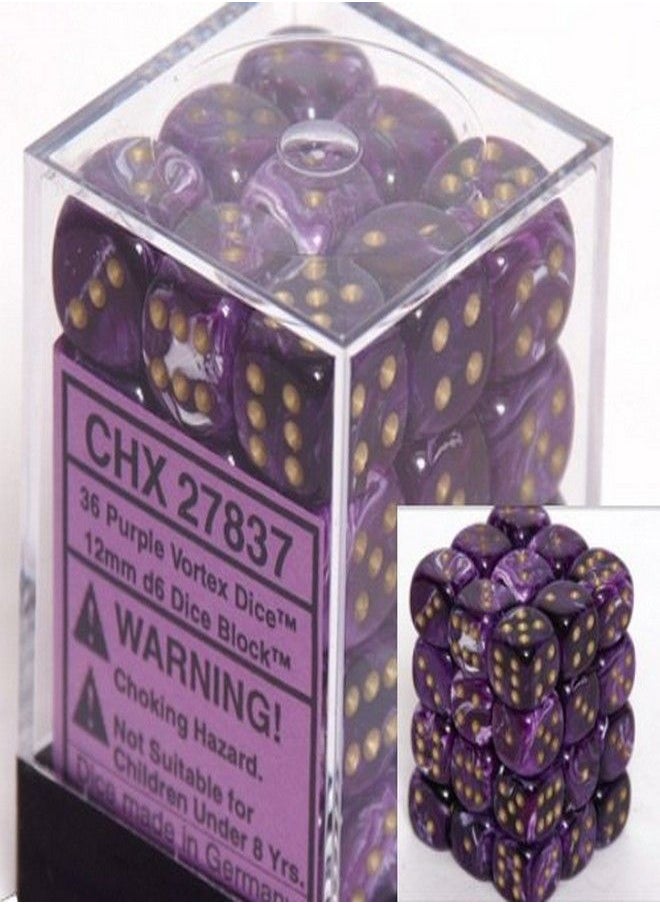 Chessex Dice D6 Sets: Vortex Purple with Gold - 12Mm Six Sided Die (36) Block of Dice