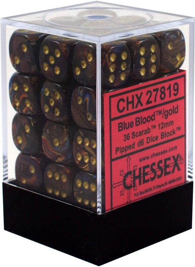 Chessex Scarab 12mm d6 Blue Blood w/Gold Dice Block 36 Dice - 27819