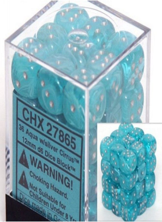 Chessex Dice d6 Sets: Cirrus Aqua with Silver - 12mm Six Sided Die (36) Block of Dice