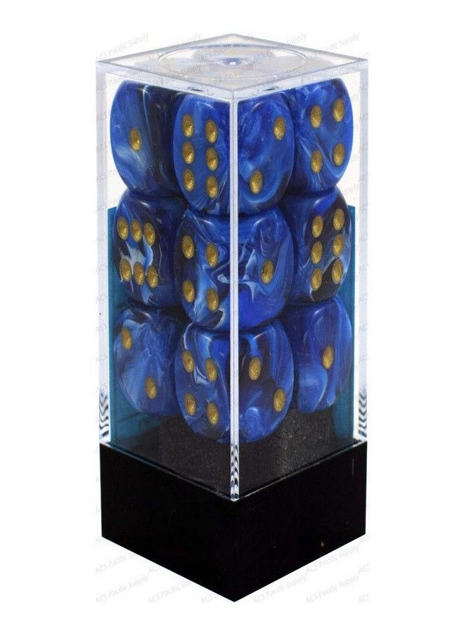 Chessex Dice d6 Sets: Vortex Blue with Gold - 16mm Six Sided Die (12) Block of Dice