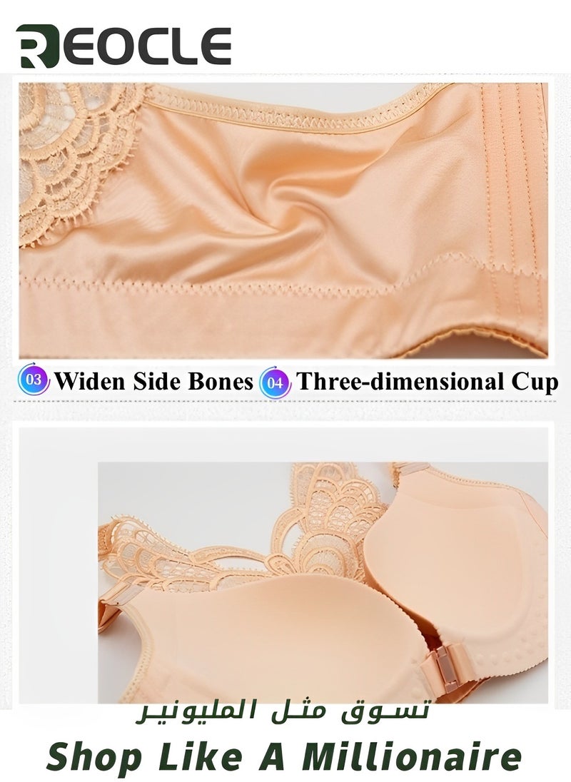 Women's Wire-Free Push Up Bra Seamless Front Closure Lace Butterfly Daily Bra Large Size Adjustable Underwear