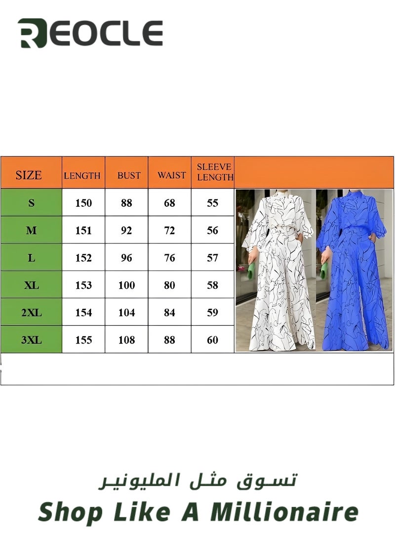 Elegant Jumpsuit Waist-cinching Lace-up Long-sleeved Trousers Printed Jumpsuit Fashionable Printed Design Stand-up Collar Design Waist-cinching Design