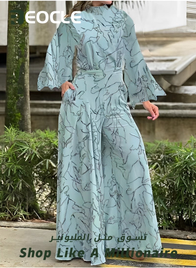 Elegant Jumpsuit Waist-cinching Lace-up Long-sleeved Trousers Printed Jumpsuit Fashionable Printed Design Stand-up Collar Design Waist-cinching Design