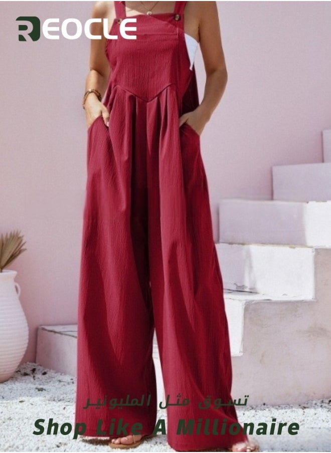 Women's Loose Jumpsuits One Piece Sleeveless Wide Leg Long Pant Rompers with Pockets Casual Beach Straight Overalls